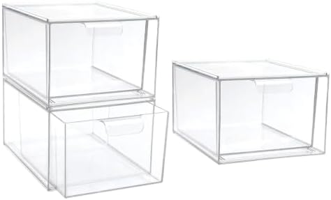 Plastic Stackable Storage Drawers with Handle and Removable Dividers 4pcs Pet Material Cosmetic Organizer with Reliable Closures and Smooth for Makeup Vanity and Bathroom Cabinets