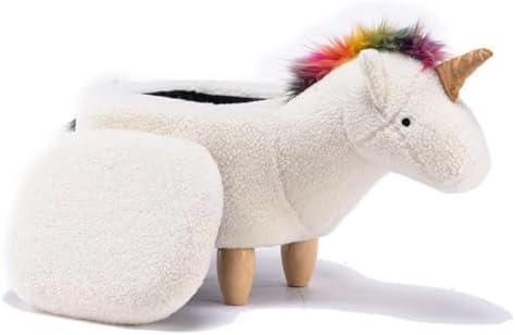 Home 2 Office Unicorn Ottoman with Storage for Bedroom, Playroom, Nursery or Recreation Room Decor, Soft Animal-Shaped Ottoman with Wooden Legs