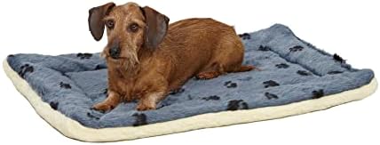 MidWest Homes for Pets QuietTime Reversible Paw Print Pet Bed, Soft Faux Fur & Fleece 30-Inch Crate Mat for Medium Dogs, Machine Washable, Blue and Cream