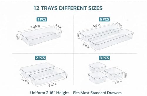 12 Pack Clear Drawer Organizer Set, Multi-Size Plastic Storage Bins for Makeup, Bathroom, Kitchen, Vanity & Office