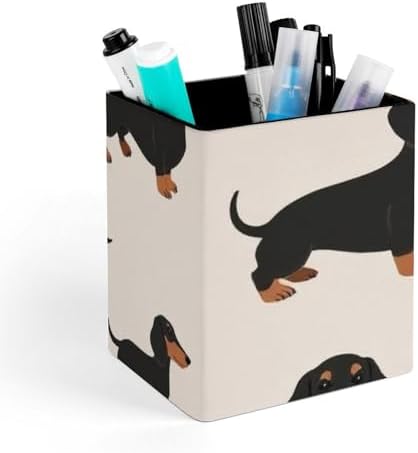 Women's Makeup Brush Cup Desktop Stationery Organizer Cartoon Dachshund Weiner Dog Pet Dogs Leather Pen Holder
