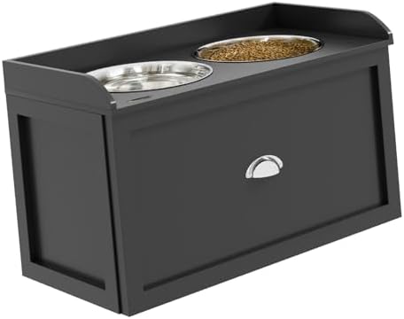 Dog Food Storage Cabinet with Elevated Bowls Black Pet Feeding Station Organizer