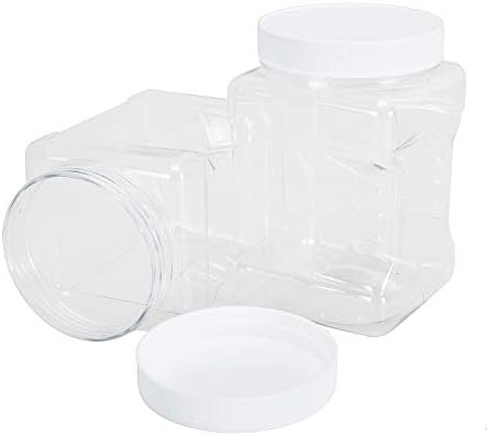 Lawei 6 Pack Square Plastic Jars with Lids, 30 Oz Clear Rectangular 4-Cup Containers with Easy Grip Handles, Wide Mouth Plastic Canisters for Dry Food, Cookies, Peanut Butter, Honey and Jam Storage