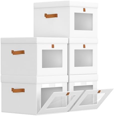 Homsorout Storage Bins with Lid – Closet Organizer with Side Opening and Clear Window, Foldable Stackable Fabric Basket for Clothes, Home, Office - 13.77" x 11.8" x 9.8", 5 Pack, White