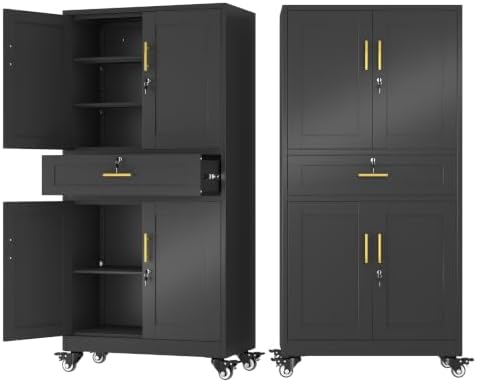 74" Metal Garage Storage Cabinet with Wheels and Locking Doors
