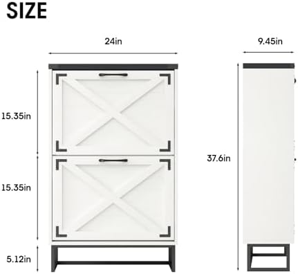 Maupvit 24" W Farmhouse Shoe Cabinet Storage for Entryway, Freestanding Organizer with 2 Flip Drawers, Narrow Shoe Rack Cabinet with Metal Corner Decoration, White
