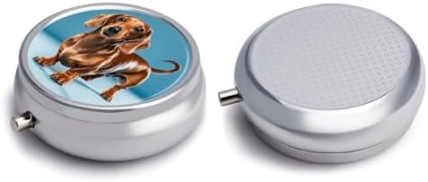 Dachshund Weiner Pet Dog Pill Box 3 Compartment Small Pill Case for Purse Or Pocket Mini Metal Pillcase Medicine Organizer, Round Daily Medicine Container to Hold Vitamins, Fish Oil