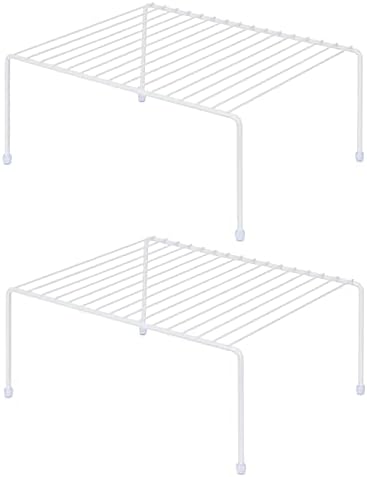 Set of 2 - Kitchen Storage Shelf Rack (13.1 x 10.2 Inch)/Plastic Feet - Medium - Steel Metal - Rust Resistant Finish - Cups, Dishes, Cabinet & Pantry Organization - Kitchen (White)