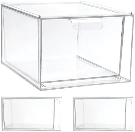 LIFKOME Stackable Storage Drawers for Pet Plastic Cosmetic Drawer Organizer 4pcs with Handle and Removable Dividers, Pet Plastic Cosmetic Drawer Organizer for Earrings and Accessories,