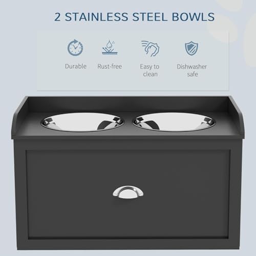 Dog Food Storage Cabinet with Elevated Bowls Black Pet Feeding Station Organizer