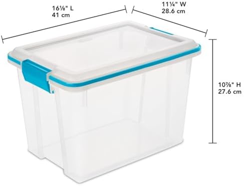Sterilite Gasket Storage Box with Lids for Home & Office, 20 Quart, 6-Pack. | Heavy-Duty, Stackable, and Organizing Containers for Bathroom, Cabinet, Closet, and Garage, Clear and Blue Aquarium Latches