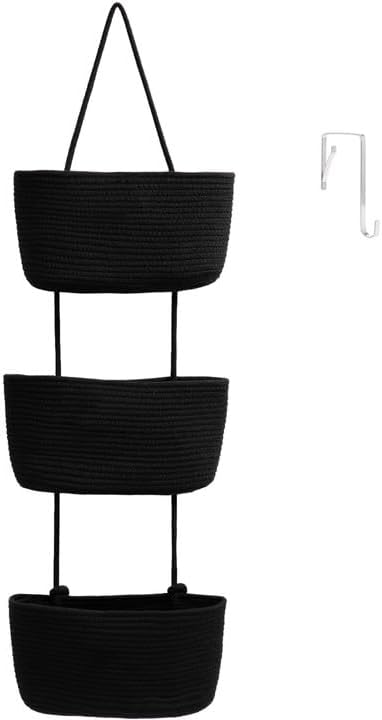 TeoKJ Over the Door Hanging Basket, 3-Tier Woven Cotton Wall-Mounted Storage Organizer Bag Decorative Hanging Nursery Baskets, Black