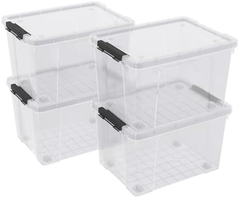 32 Quart Clear Plastic Latch Storage Bins with Wheels, 4 Pack