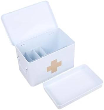 Lassos Boutique 13" Retro Enameled First Aid Box, Medicine Storage with Lid, Tray, Dividers, White/Tan