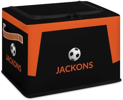 Custom Storage Basket with Zipper Lid, Soccer Ball Foldable Fabric Storage Boxes Decorative Closet Shelves Clothes Organizer Container Cubes with Handle 1PCS