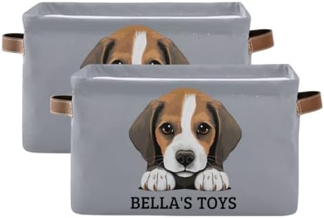 Customized Pet's Name Storage Basket Dog Storage Box with Leather Handles for Home Bedroom, Beagle Puppy Foldable Decorative Organizers Box, 2PCs