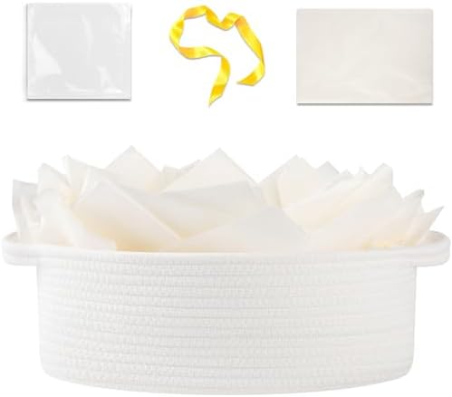OIAHOMY Gift Basket Empty with Handle, 13.4"x 10"x 5.5" Small Woven Basket with Gift Bag, Ribbon and Wrap Tissue Paper, Dog Toy Storage for Organizing - White