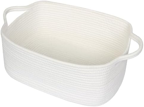 Cute White Woven Basket, Empty Gift Basket for Christmas, Thanksgiving, Easter, Birthday, Cotton Rope Storage Bin with Handle for Gifts, Toy, Blanket, Cat Dog Toy Box, Baby Nursery Organizer