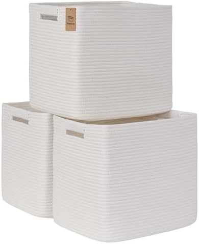 15×13 Inch Storage Cubes, 3 Pack Cube Storage Bins for Organizing, Cotton Rope Woven Baskets for Shelves, Bathroom, Kids Room, Closets, Baby Nursery