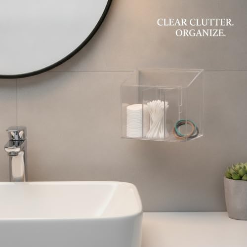 Easy-Access Wall Mount Organizer with Dividers, Clear PET Bathroom Canister for Cotton Pads and Cotton Swabs, Space-Saving Vanity Storage Box (1 Pack)