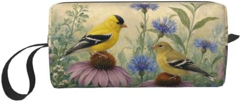 Goldfinch Pair on Coneflowers Makeup Bag for Women Wrist Strap | Double-Sided Goldfinch Garden Cosmetic Organizer with Foam Padding for Women, Travel, Gym, School, and Daily Storage