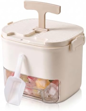 Ice Cube Tray with Storage Bin, One-Press 52-Grid, Beige | Food-grade PET, odor-free sealed lid, drawer access, portable handle, ice scoop, space saving mold for whiskey & cocktails