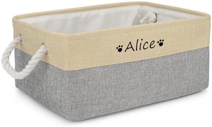 Dog Toy Basket,Dog Toy Bin Box with Comfortable Handles,Personalized Collapsible Large Pet Toy Storage Custom Name for Accessories,Toys,Clothing, Blanket & Leash（beige gray,L）