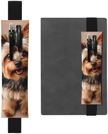 Cute Pet Yorkie Leather Pen Holder Bookmark with Elastic Band, PVC Notebook Pen Sleeve Case, Portable Pencil Pouch Bookmark