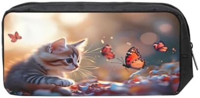 Kitten With Butterfly Large Pencil Case, Durable Pen Bag Zipper Organizer Pouch for Office Travel for Women Men