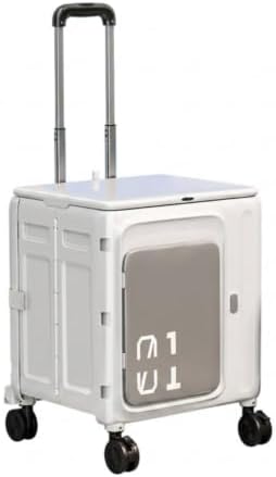 Rolling Crate with Lid Foldable Rolling Crate Lightweight Trolley with Lid for Camp, White Gray