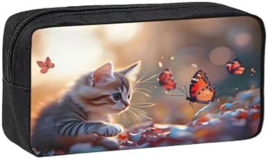 Kitten With Butterfly Large Pencil Case, Durable Pen Bag Zipper Organizer Pouch for Office Travel for Women Men
