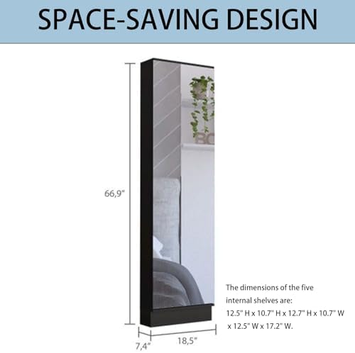 Shoe Cabinet with Mirror Modern Black Mirrored Shoe Storage Cabinet 67" Tall 5-Tier Shelves Narrow Shoe Storage Cabinet for Entryway Space Saving Furniture (Floor-Standing, Black)