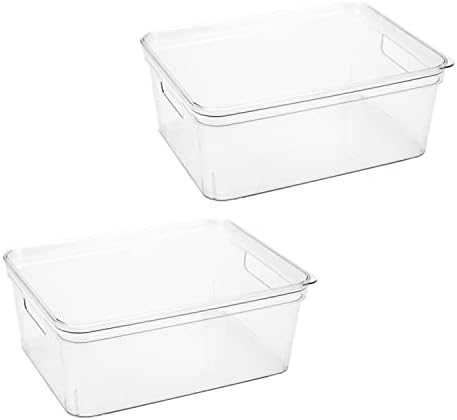 Simplify 2 Pack Medium Lidded Storage Bin | Dimensions: 14.17" x 10.4" x 5.5" | Multipurpose | Great For Bathroom | Office | Kitchen | Lidded | Organization | Clear