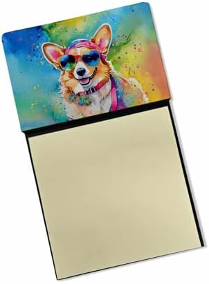 Caroline's Treasures Corgi Hippie Dawg Sticky Note Holder Refillable Dispenser Self-Sticky Note Pads, Memo Pads Blank Desk Accessories