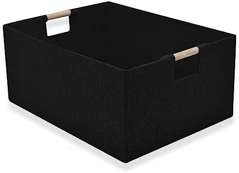 xianshengle Fabric Storage Basket for Shelves, Collapsible Storage Bins with wood Handles, Rectangle Closet Baskets, Wardrobe Organiser, for Sorting Clothes, Family Items (Black) (1)
