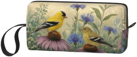 Goldfinch Pair on Coneflowers Makeup Bag for Women Wrist Strap | Double-Sided Goldfinch Garden Cosmetic Organizer with Foam Padding for Women, Travel, Gym, School, and Daily Storage