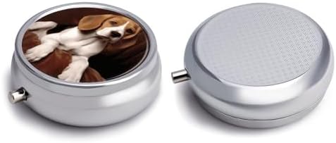 Portable Pill Box 3 Compartments, Small Round Metal Medicine Organizer for Pocket, Ovely Pet Dog Beagle Pill Case for Vitamins, Fish Oil, Supplement & Travel