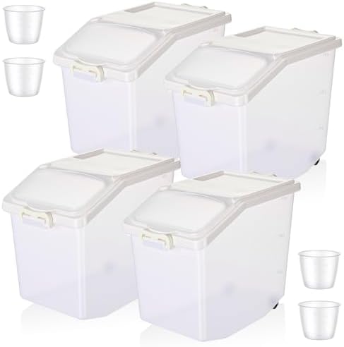 Sunnyray 4 Pcs Rice Storage Container 33.1 lb Airtight Flour Container with Wheels Measuring Cup White Pet Food Dog Cat Birds Food Bin Grain Cereal Organizer Box for Dry Baking Supplies