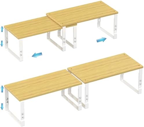 Expandable Kitchen Cabinet Organizer Shelves – Stackable Adjustable Metal and Wood Storage Racks for Countertop, Pantry, Garage Set of 2 Spice Rack – Easy Assembly, Space-Saving(2 Packs/Large/White)