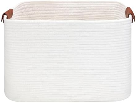Large Cotton Rope Storage/Laundry Hamper Basket | Leather Handles, Durable & Stylish, Foldable, Handmade, Blanket/Toy/Nursery/Laundry/Living Room/Bathroom/Bedroom/Home Decor
