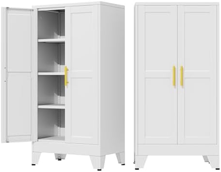 47" Metal Garage Storage Cabinet with 2 Doors and 3 Adjustable Shelves,Metal Storage Cabinets,Steel Tool Cabinets for Home,Office,Garage,Warehouse (White, 47''H x 24''W x 12''D)