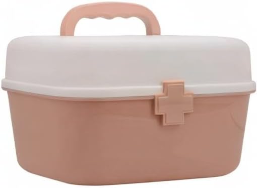 Plastic First Aid Storage Box Container Bin with Removable Tray and Portable Handle, Family Emergency Medicine Kit Case Organizer, White&Pink