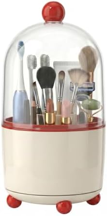 360°Rotating Toothbrush Holder with Cover, Dustproof Electric Toothbrush and Toothpaste Holder for Bathroom Countertop, 3 Slots Makeup Brush Organizer & Bathroom Storage (Red and White)