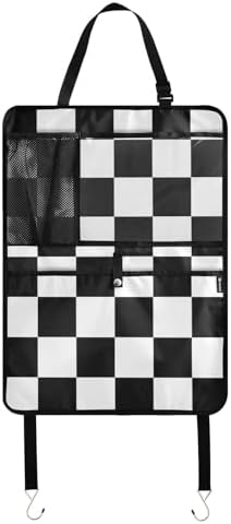 2 Pack Back Seat Car Organizer with Storage Pockets Kick Mats Back Seat Protector Hanging Car Organizer Automotive Seat Back Cover Organizers Checkered Black and White