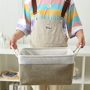 Storage Basket for Organizing - 16x12x8 inch Large 3 Pack Collapsible Storage Bin for Shelves with Handles, Fabric Storage Cubes for Organizer Cloth Gift Toy Closet (Whiet & Khaki)