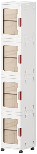 4-Tier Slim Tall Bathroom Storage Cabinet，Narrow Bathroom Storage Cabinet with Transparent Doors and Shelves, Suitable for Small Spaces, Bathrooms, Kitchens, Laundry Rooms,White (9.8x11.4x62.9)