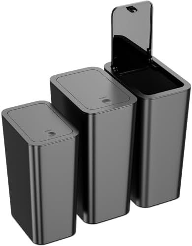 N. NETDOT 3 Pack (2 of 4 Gal & 1 of 2.6 Gal) Small Trash Can with Lid,Bathroom Garbage Can with Pop-Up Lid,Waste Basket for Bathroom,Kitchen,Bedroom,Powder Room,Craft Room,Office,College (Black)