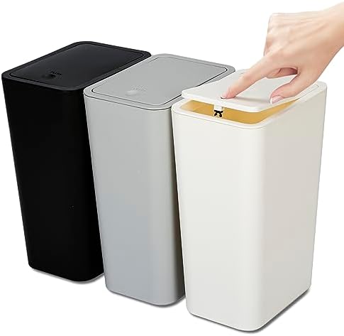 N. NETDOT 3 Pack 10L/2.6 Gal Bathroom Trash Can with Lid, Trash Bin with Press Lid, Small Trash Can/Slim Garbage Cans/Waste Basket for Bathroom,Kitchen,Office,Bedroom - Black,Gray,Off White