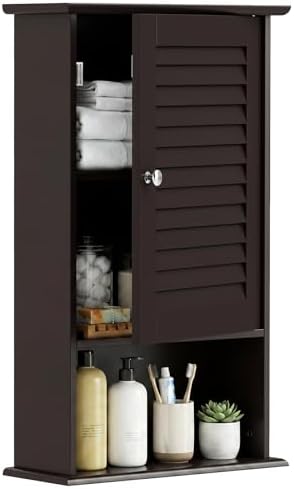 Tangkula Medicine Cabinet, Wall Mounted Bathroom Cabinet Single Door Wooden Bathroom Wall Cabinet with Adjustable Shelf (Brown)