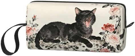 Yawning Black Cat Roses Makeup Bag for Women with Wrist Strap | Durable 600D Oxford Fabric Cosmetic Organizer,Compact Travel Pouch with Handle for Gym & Daily Use